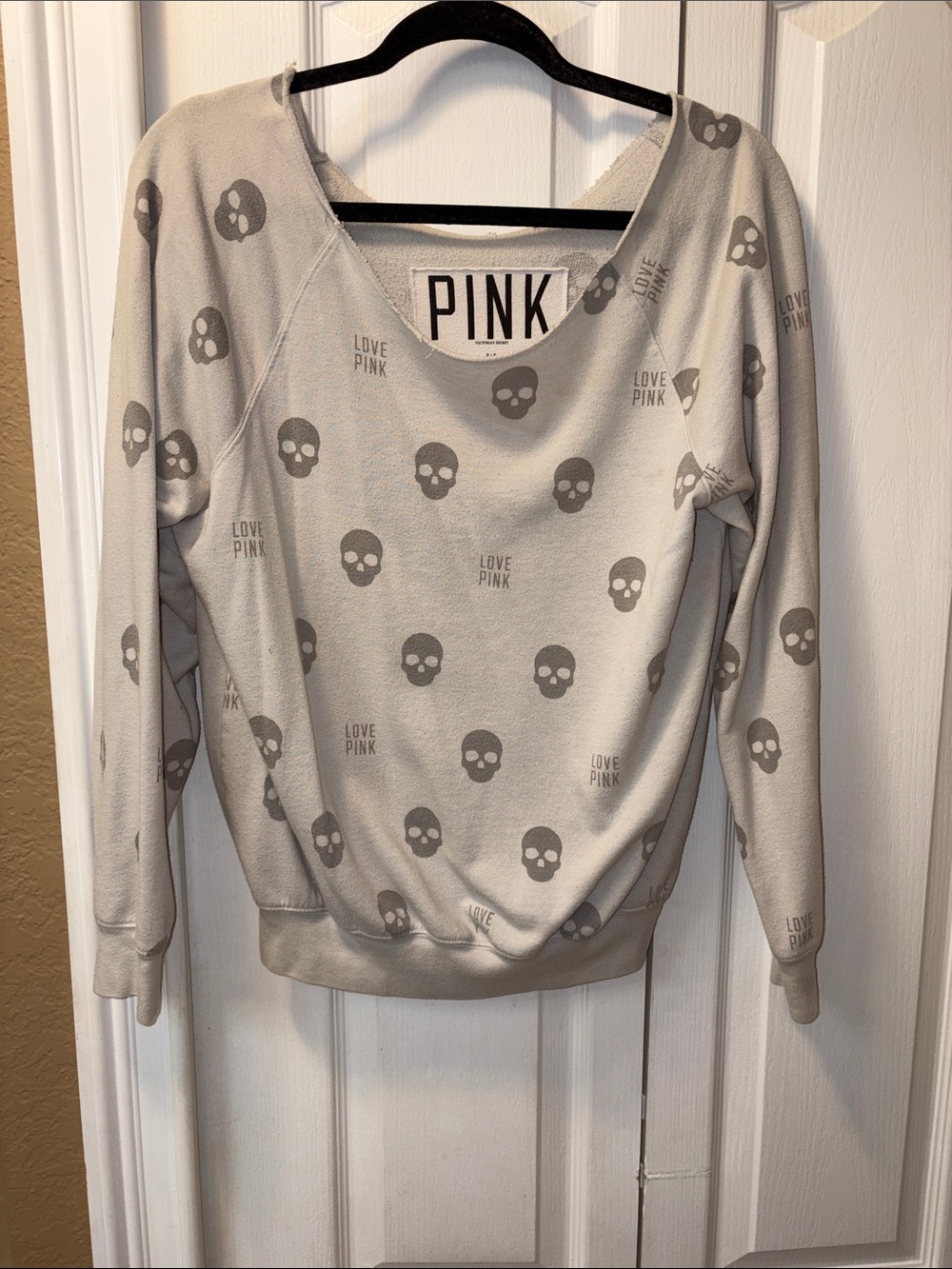 PINK Victoria's Secret Light Gray Skull Print Scoop Neck Sweater
